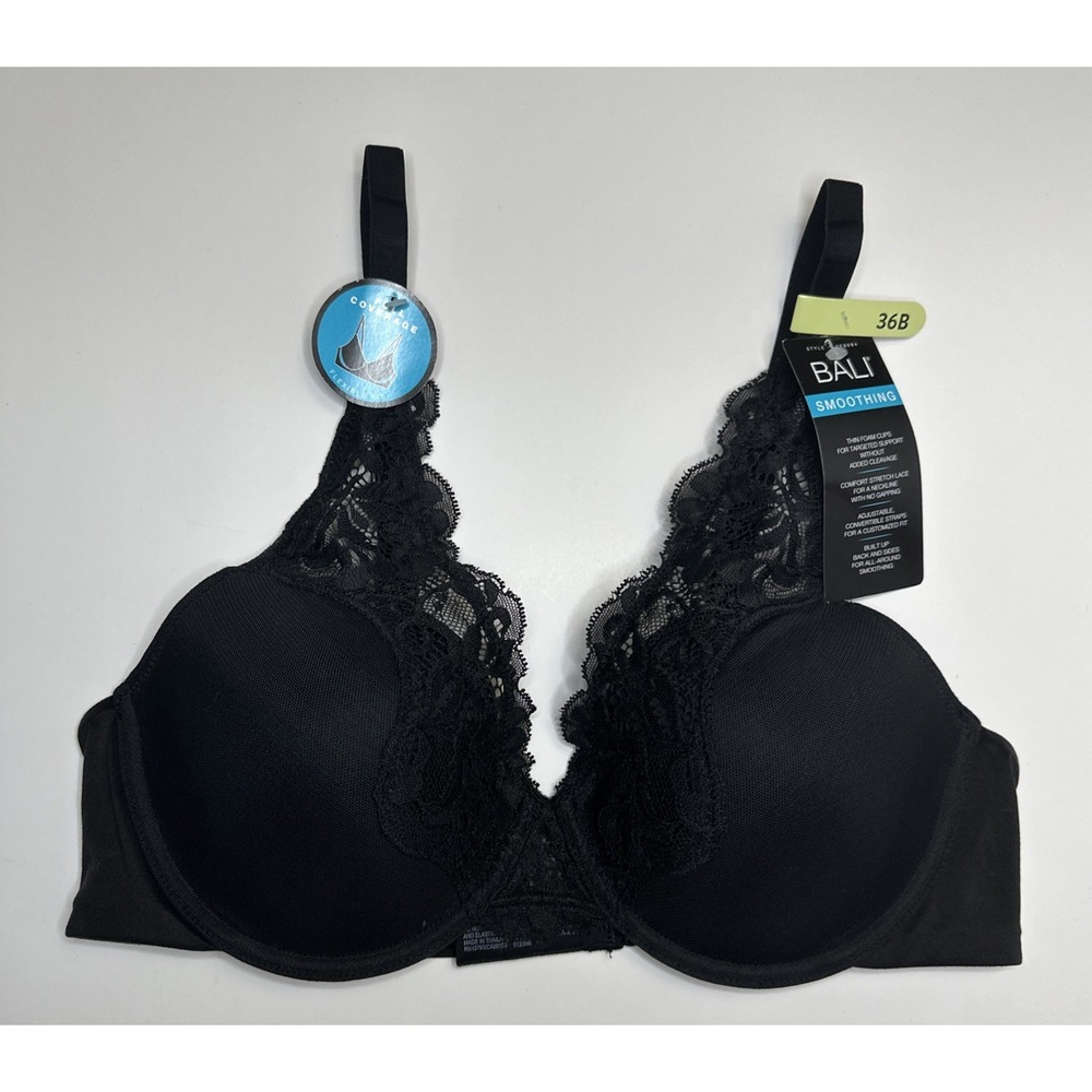 Bali Bra Womens 36B Black w Lace Underwired Smoothing Full Coverage DF0084